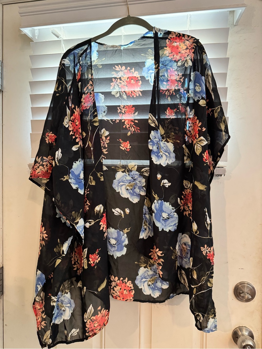 Black Floral Sheer Kimono with Blue and Coral Blooms